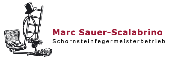 Leiter, Werkzeug und Hut - Schriftzug: Marc Sauer-Scalabrino, Schornsteinfegermeisterbetrieb